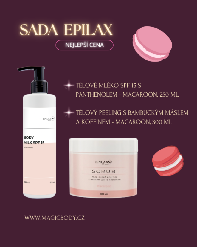Epilax Набор Лосьон для тела SPF 15 Macaroon, 250 мл + Epilax Скраб для тела Macaroon, 300 мл Epilax Набор Лосьон для тела SPF 15 Macaroon, 250 мл + Epilax Скраб для тела Macaroon, 300 мл