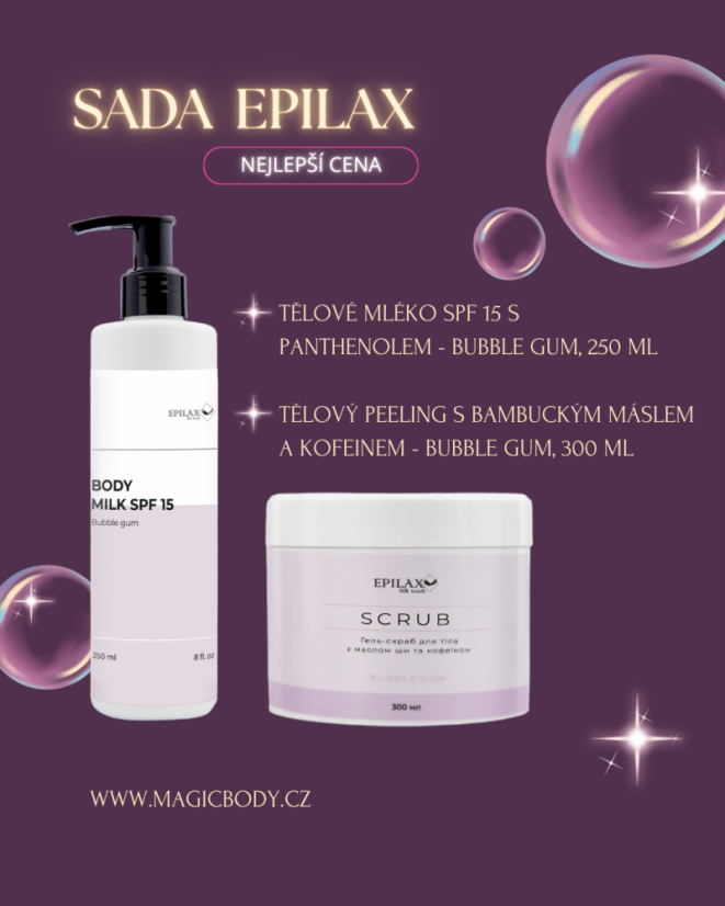 Epilax Sada Tělové mléko SPF 15 Bubble Gum, 250 ml + Epilax Tělový peeling Bubble Gum, 300 ml
