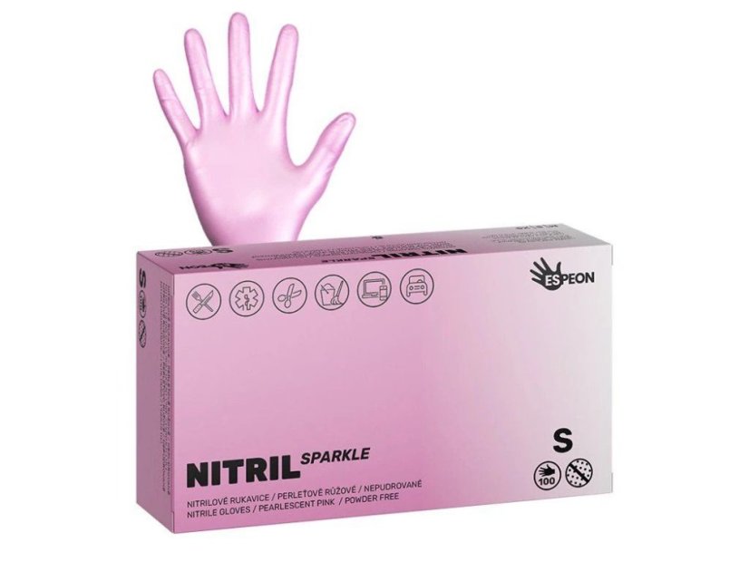 ESPEON NITRIL SPARKLE nepudrované nitrilové rukavice perleťově růžové, 4.0 g - S, 100 ks
